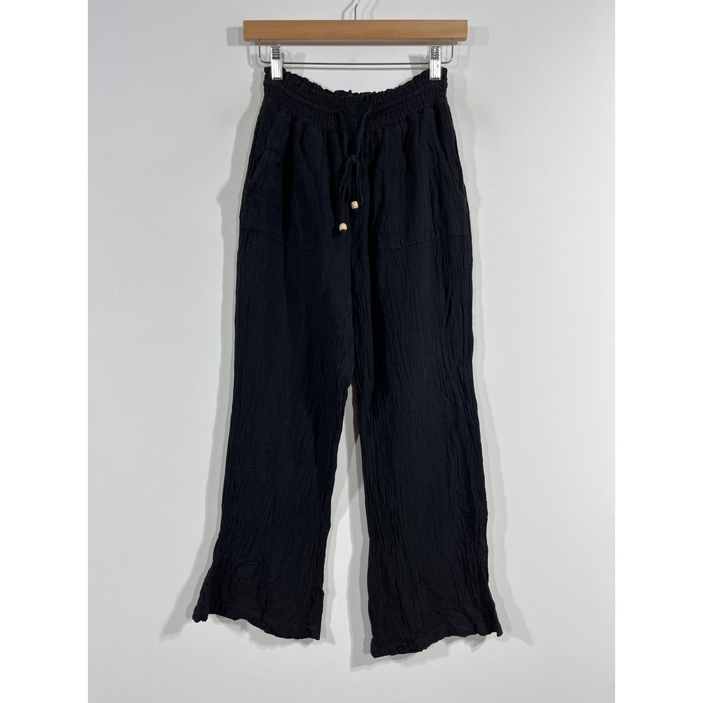 Raya Sun Beachy Resort Linen Crinkle Gauze Wide Leg Drawstring Pants Medium